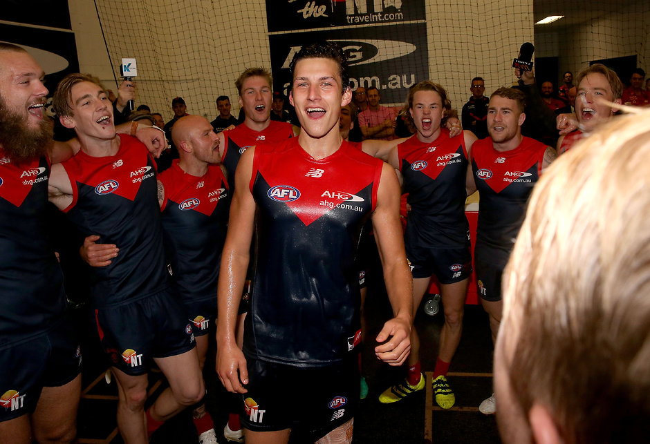 AFL 2016 Rd 20 - Melbourne v Hawthorn MELBOURNE, AUSTRALIA - AUGUST 06: Debutant Sam Weideman of the Demons celebrates during the 2016 AFL Round 20 match between the Melbourne Demons and the Hawthorn Hawks at the Melbourne Cricket Ground on August 06, 2016 in Melbourne, Australia. (Photo by Justine Walker/AFL Media)